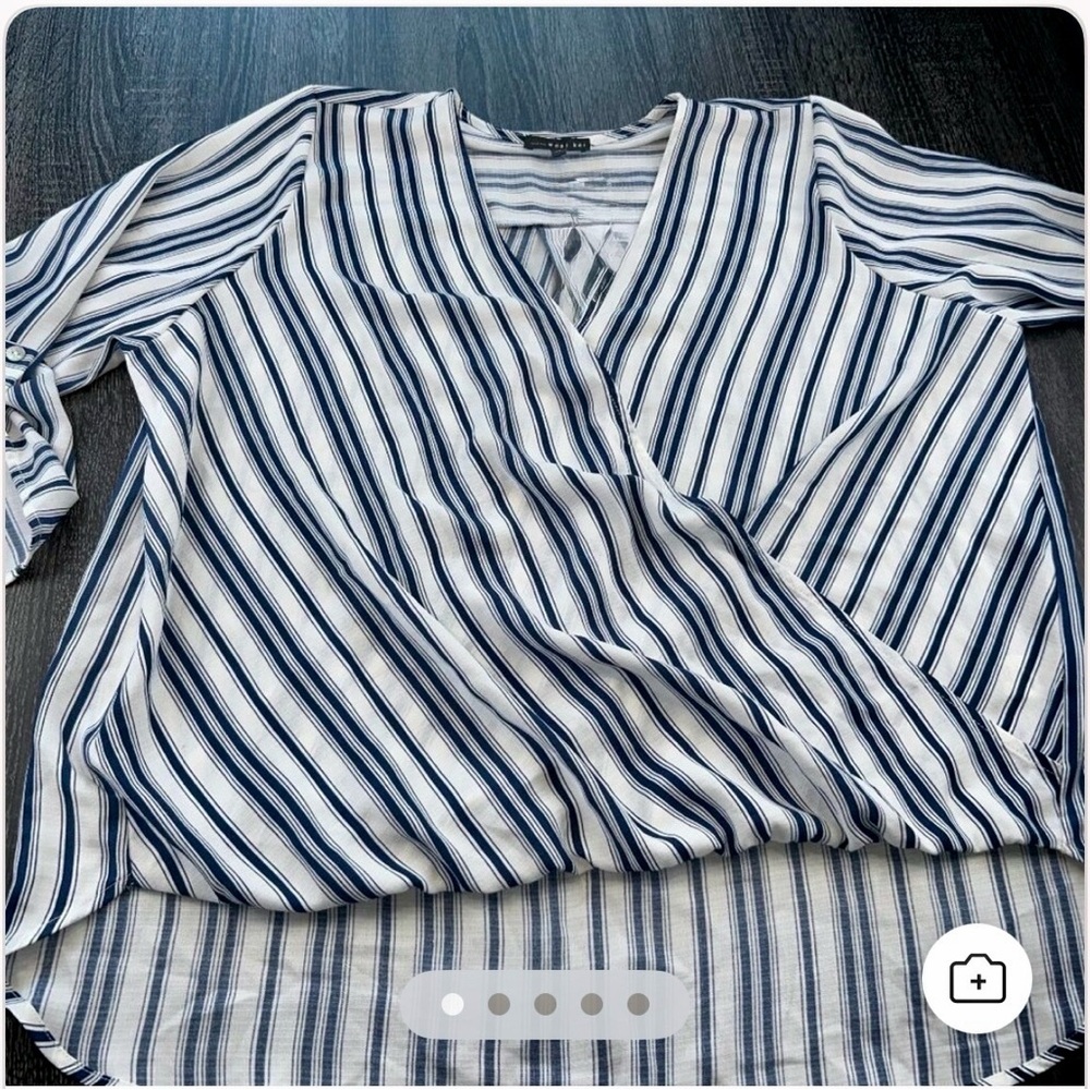 West Kei Navy and White Striped Wrap-Front Blouse